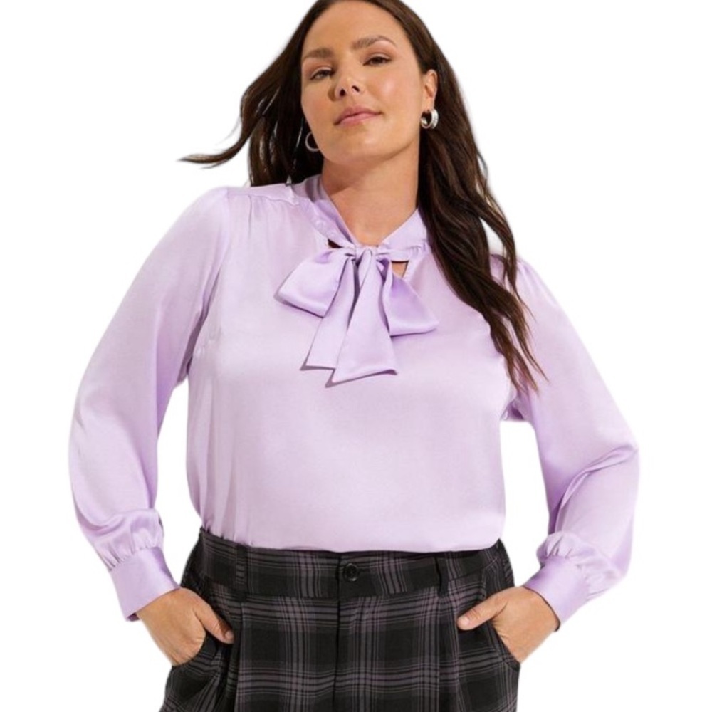 Size 1: Torrid Studio Bubble Satin Bow Tie Blouse